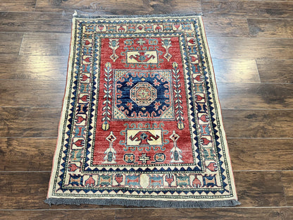 Turkish Kazak Rug 3x4 Hand Knotted Wool Vintage Carpet Red Navy Blue Geometric Design