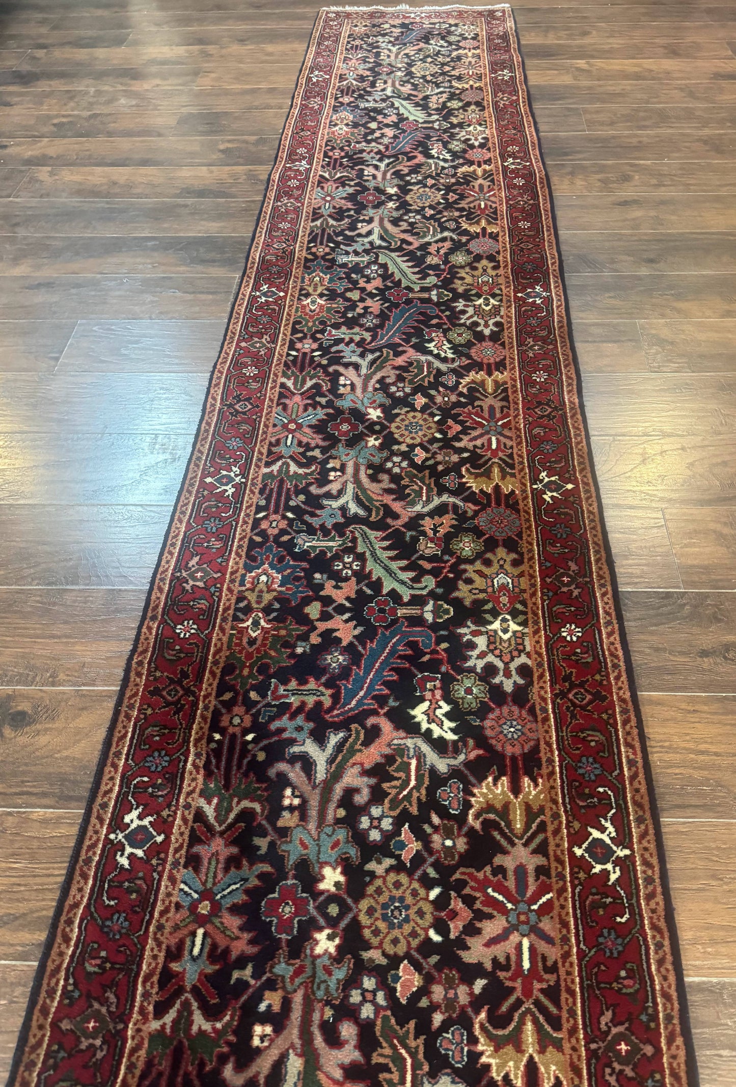 Indo Persian Runner Rug 2.7 x 13, Navy Blue and Red, Allover Floral, Wool, 13ft Runner