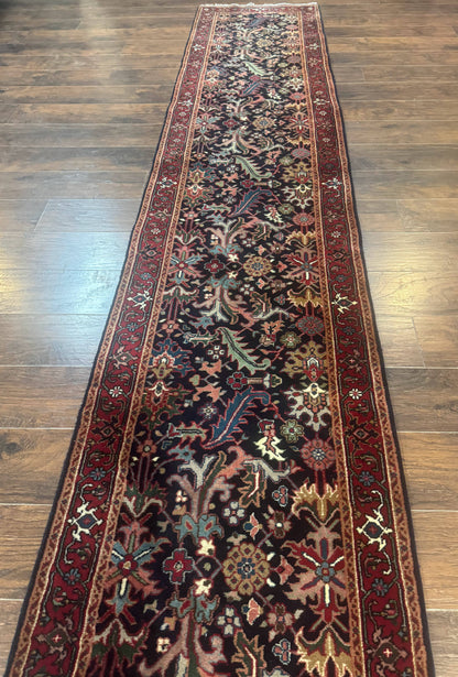 Indo Persian Runner Rug 2.7 x 13, Navy Blue and Red, Allover Floral, Wool, 13ft Runner
