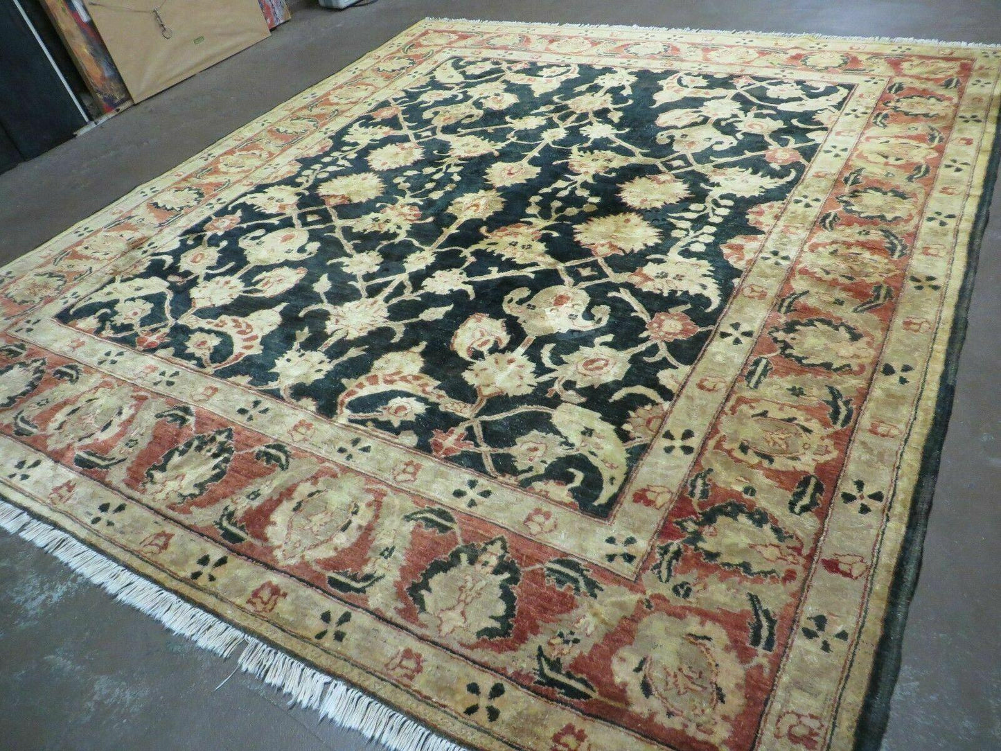 Handmade Pakistan Wool Rug 8x9 Peshawar Black Floral Design Cotton Blend