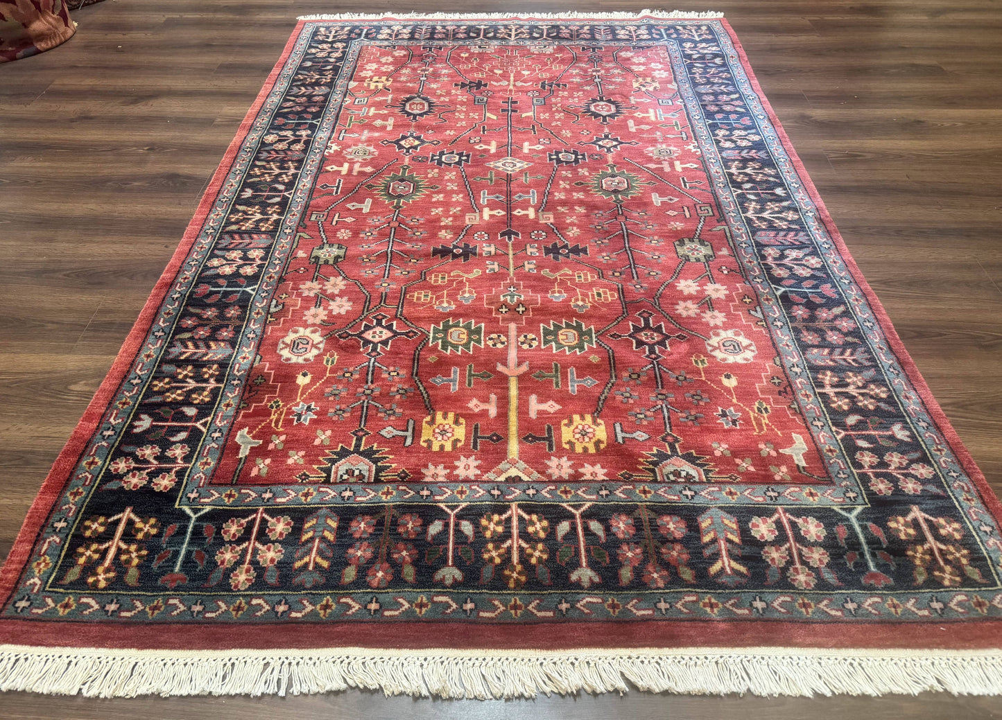 Indo Persian Heriz Serapi Rug 6x8 Handmade Wool Allover Pattern In Rust Red And Navy Blue