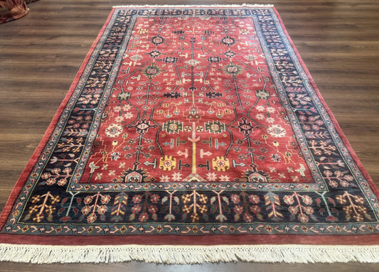 Indo Persian Heriz Serapi Rug 6x8 Handmade Wool Allover Pattern In Rust Red And Navy Blue