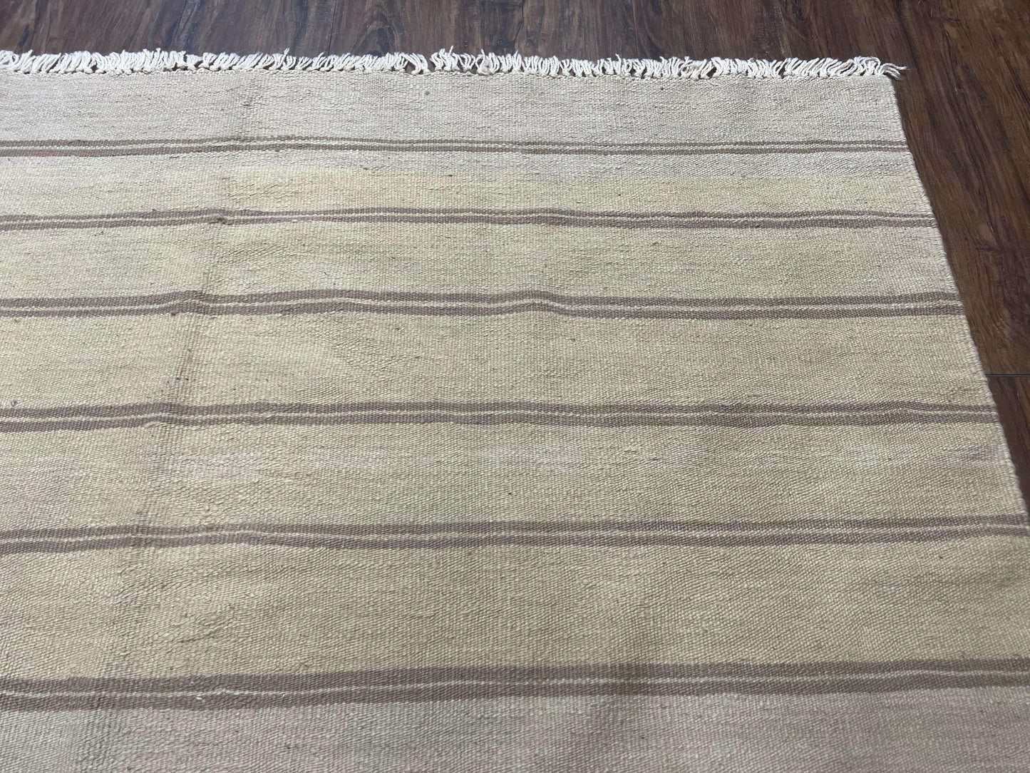 New Turkish Kilim Rug 5x8 Flatweave Wool Carpet Hand Woven Bohemian Contemporary Striped Gray Taupe