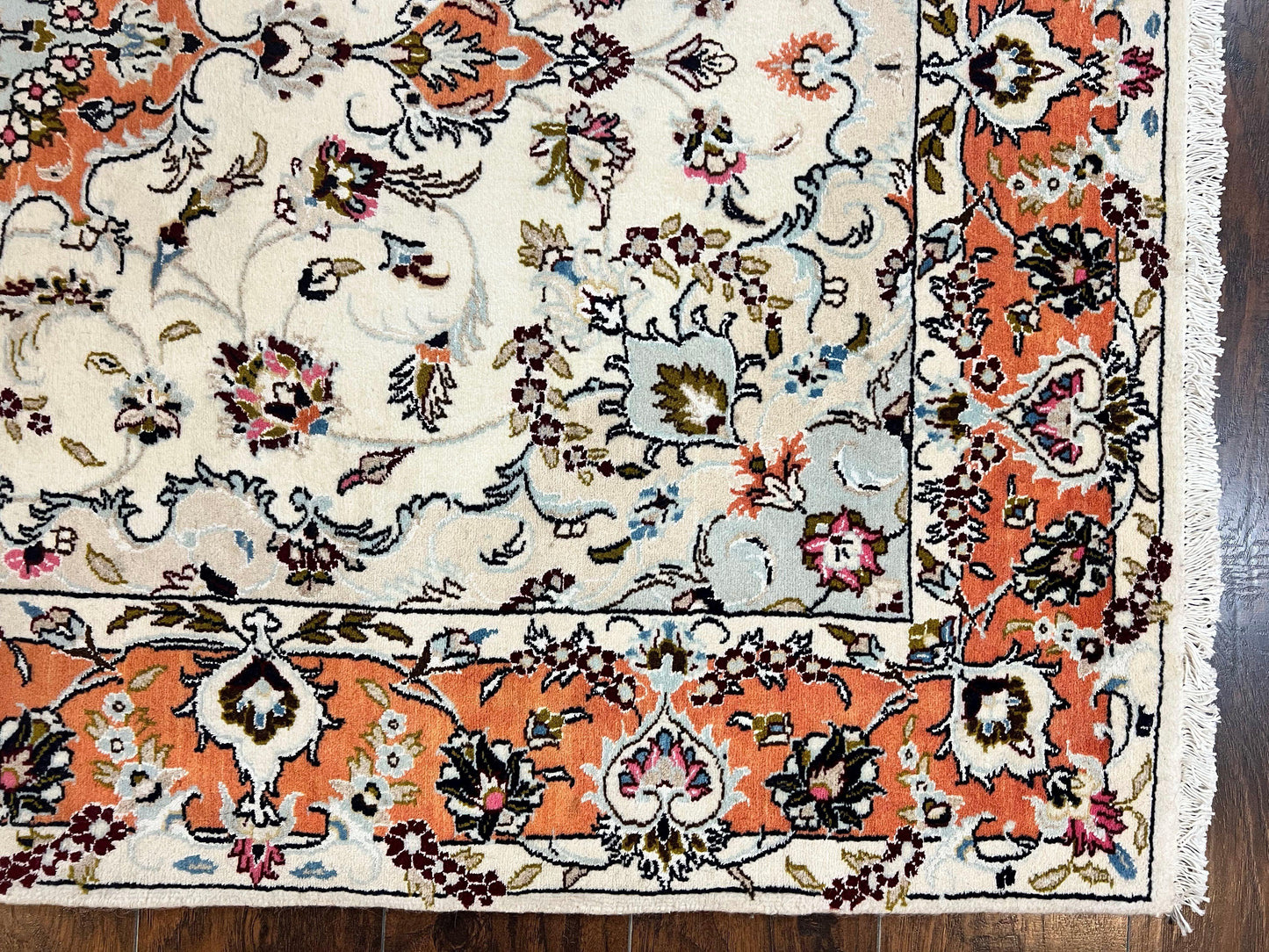 Persian Tabriz Rug 4.5  x 6.8, Finely Hand Knotted Wool with Silk Highlights Vintage Oriental Carpet, Cream and Salmon, High KPSI, Floral Medallion