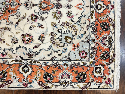 Persian Tabriz Rug 4.5  x 6.8, Finely Hand Knotted Wool with Silk Highlights Vintage Oriental Carpet, Cream and Salmon, High KPSI, Floral Medallion