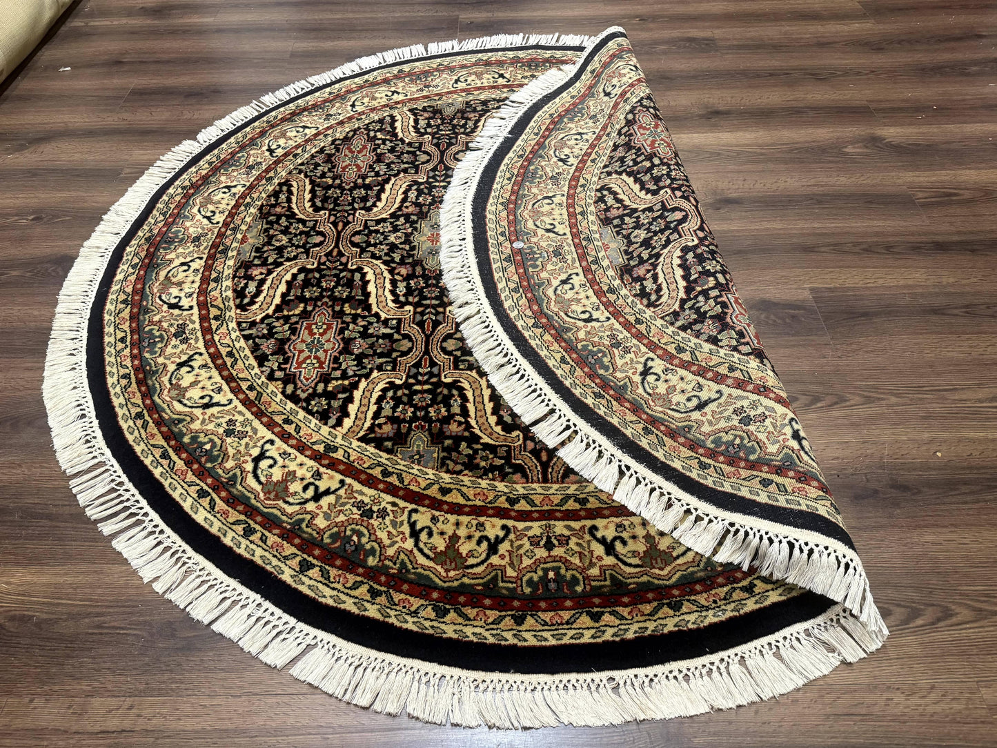 Indo Persian Bidjar Rug Round 6x6 Wool Hand Knotted Navy Blue Beige