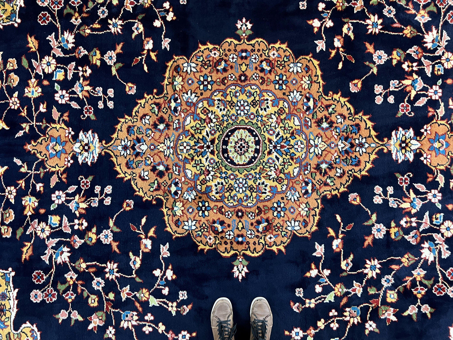 Indo Persian Rug 12x15, Mahal Sarouk Rug 12 x 15, Wool Hand Knotted Vintage Carpet, Navy Blue, Oversized Rug, Center Medallion