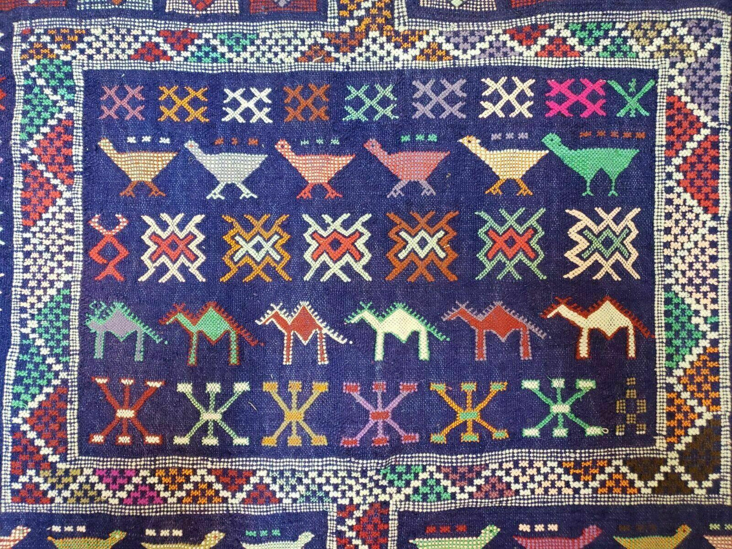 3' X 7' Vintage Handmade Indian Wool Kilim Flat weave Rug Camel Birds Blue Geometric Short Runner