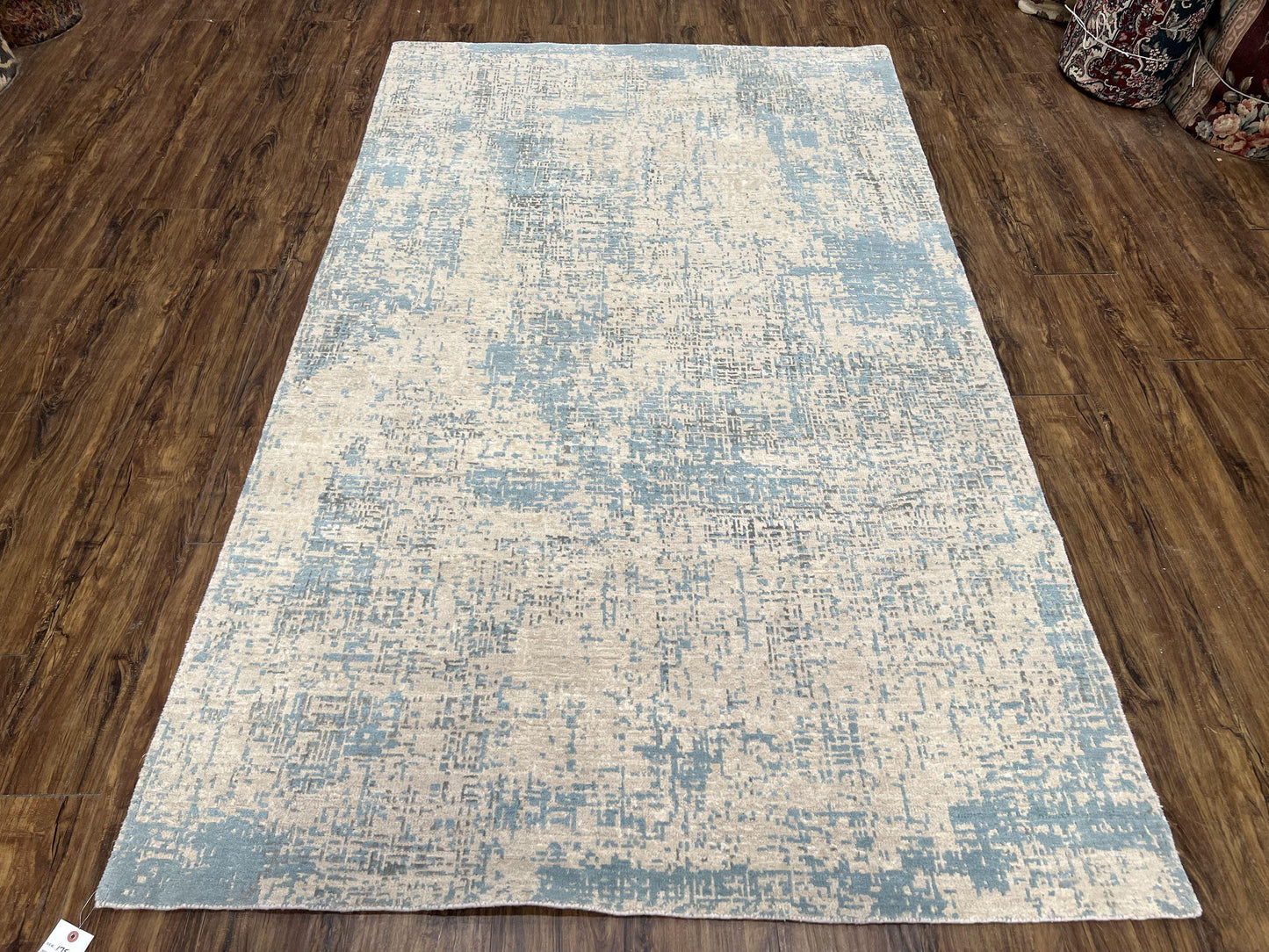 Modern Tibetan Rug 5x8 Ft Light Blue and Gray Wool Handmade Nepal Rug with Raised Pattern