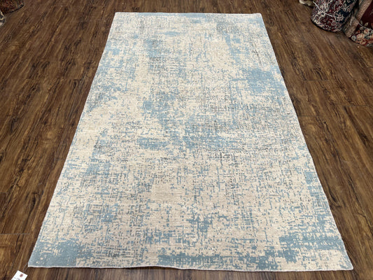 Modern Tibetan Rug 5x8 Ft Light Blue and Gray Wool Handmade Nepal Rug with Raised Pattern