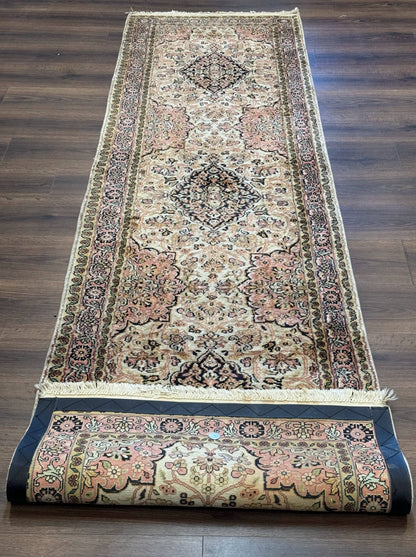 Silk Indian Kashmiri Runner Rug 2.7 x 9.8, Floral Medallions