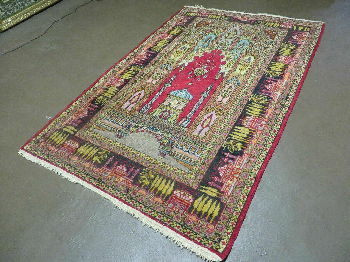 Turkish Mehrab Design Wool Rug Antique 1920s Hand Made One Of A Kind