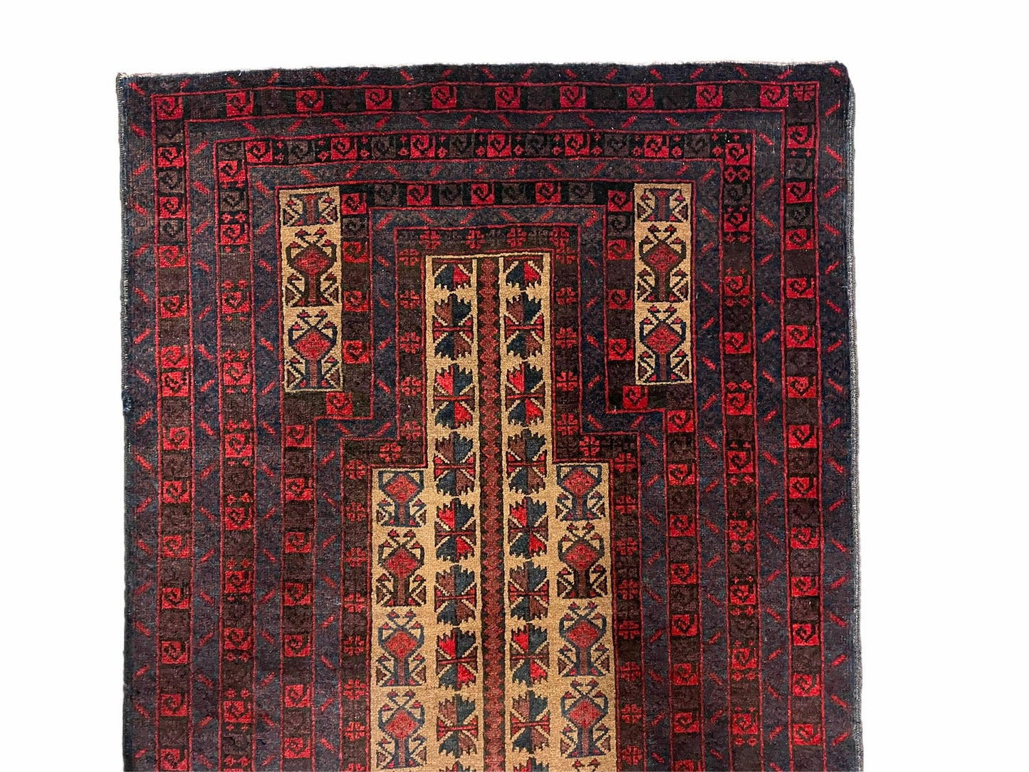 Turkoman Balouch Handmade Wool Rug Three By Three Point Five Vintage Red Tribal Prayer Carpet
