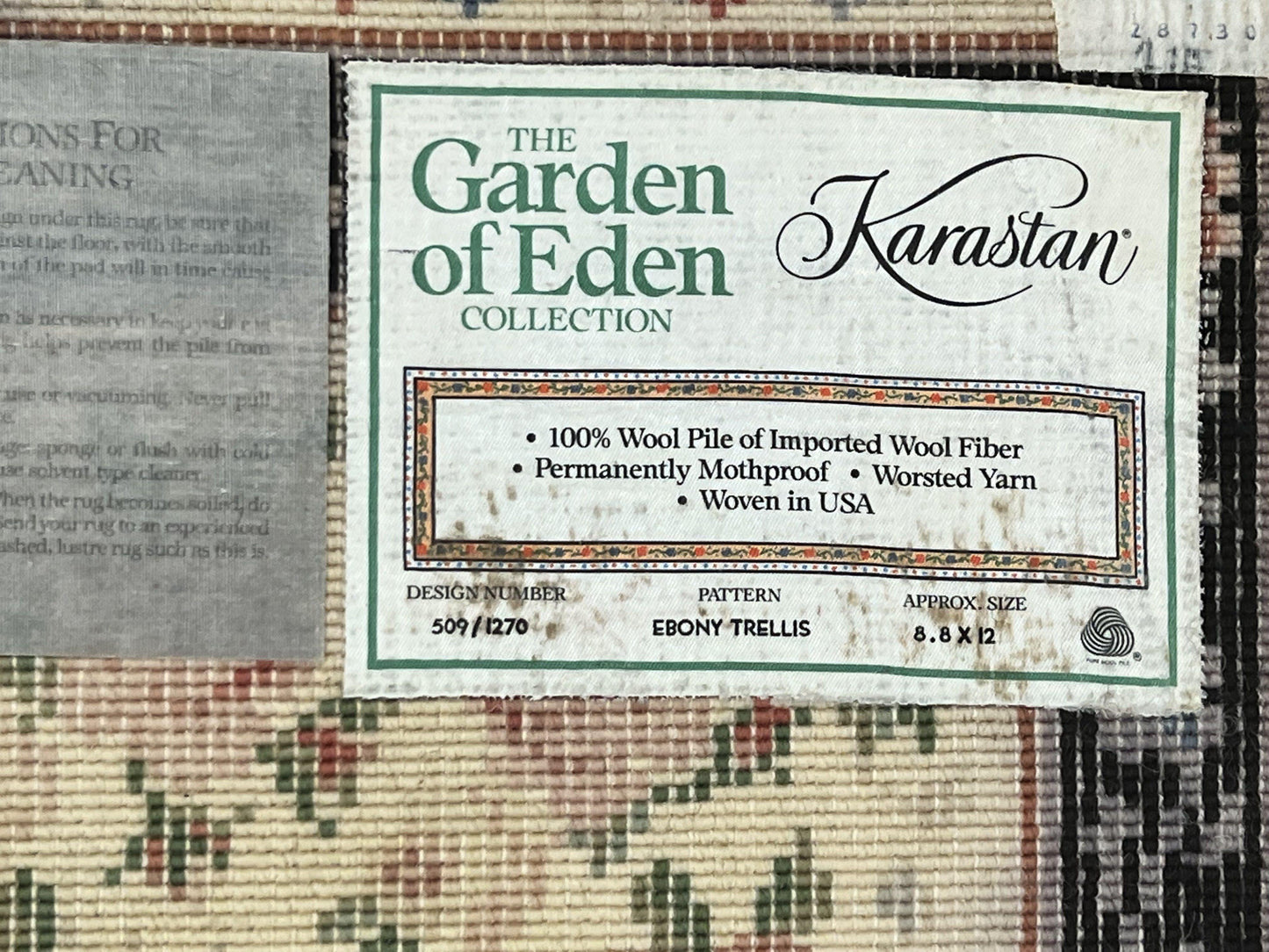 Karastan Rug 8.8 x 12, Garden of Eden #509/1270, Ebony Trellis, Vintage Discontinued Wool Pile Karastan Carpet