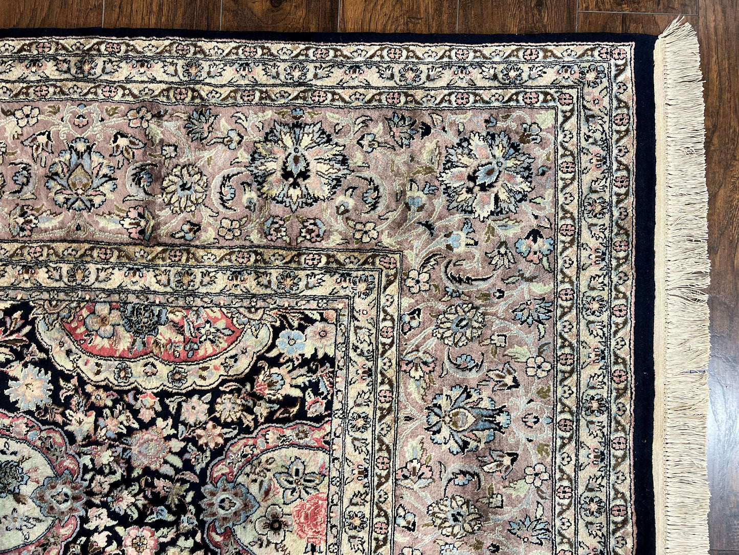 Sino Persian Rug 9x12 Navy Blue and Pink Hand Knotted Wool Silk Floral Vintage Oriental Carpet
