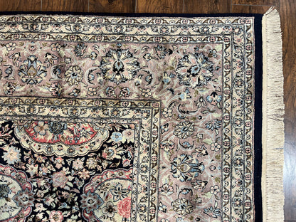 Sino Persian Rug 9x12 Navy Blue and Pink Hand Knotted Wool Silk Floral Vintage Oriental Carpet