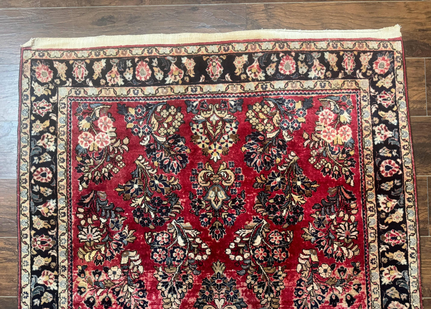 Antique Persian Sarouk Rug 4x7 Floral Red Wool Carpet 1920s