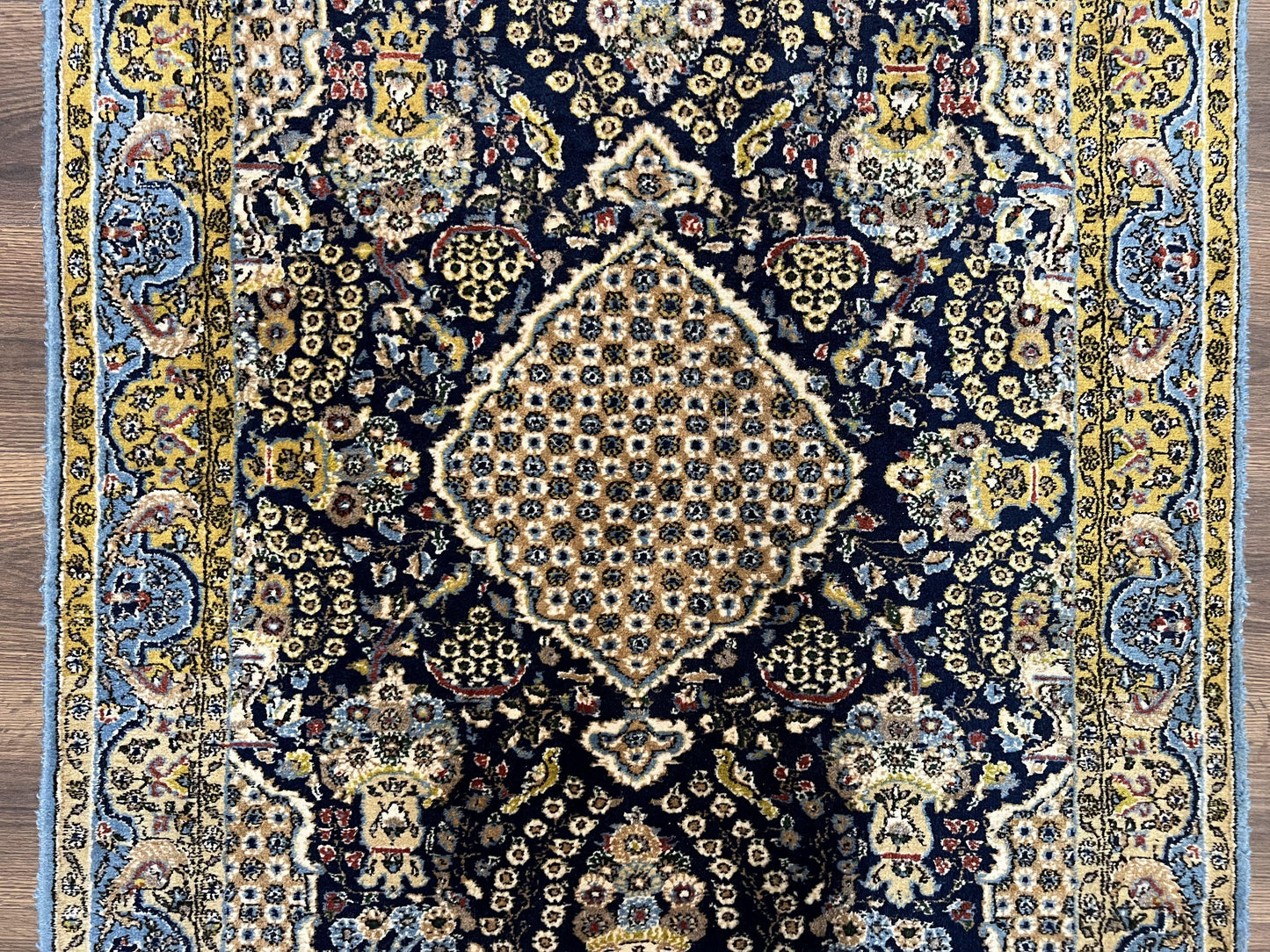 Fine Persian Qum Rug 3x5, Semi Antique Vintage Oriental Ghom Carpet, Floral Medallion, Highly Detailed, Hand Knotted, Navy Blue, Wool Area Rug, Birds