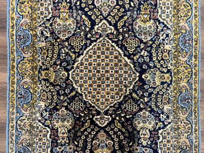 Fine Persian Qum Rug 3x5, Semi Antique Vintage Oriental Ghom Carpet, Floral Medallion, Highly Detailed, Hand Knotted, Navy Blue, Wool Area Rug, Birds