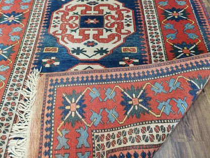 Turkish Kazak Rug 5x6 Vintage Handmade Wool Carpet With Geometric Blue Red Design