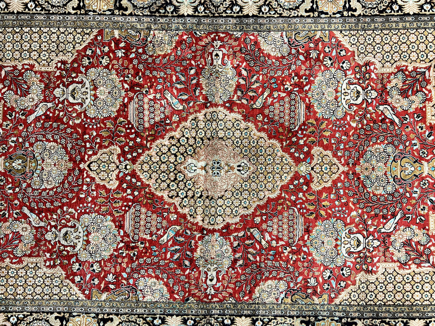 Persian Silk Rug 5x7 Hand Knotted Vintage Qum Carpet With Birds Floral Vases Red
