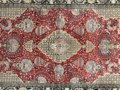 Persian Silk Rug 5x7 Hand Knotted Vintage Qum Carpet With Birds Floral Vases Red