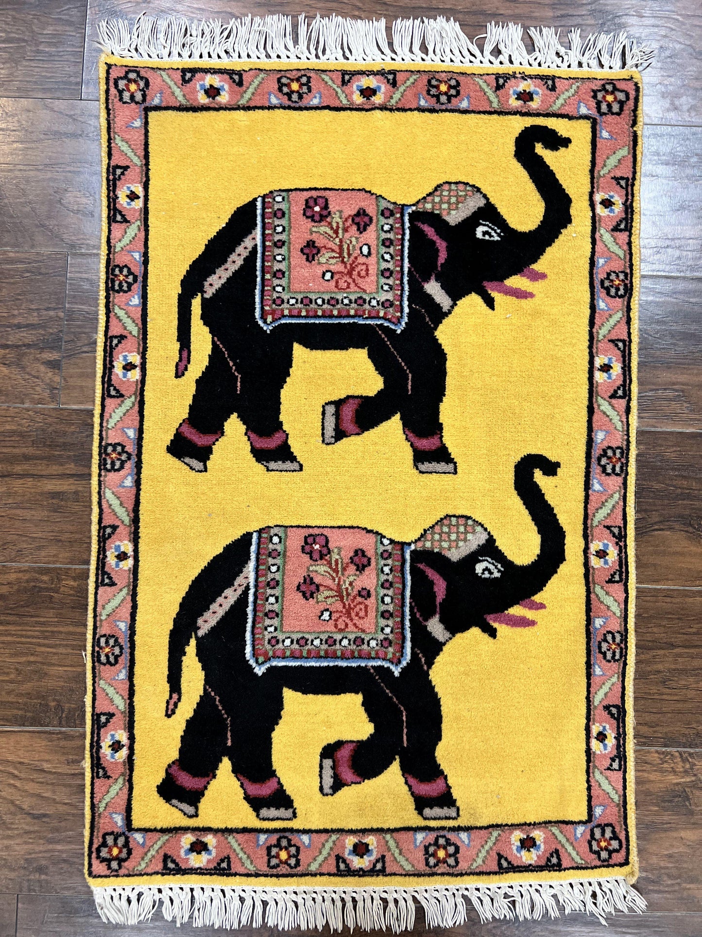 Unique Indian Pictorial Rug 2x3, Small Wool Hand Knotted Oriental Carpet, Yellow, Two Elephants, Handmade