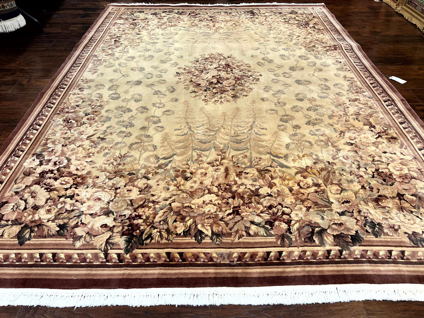 Aubusson Wool Rug 9x11 With Silk Highlights European Vintage Handmade Floral Design