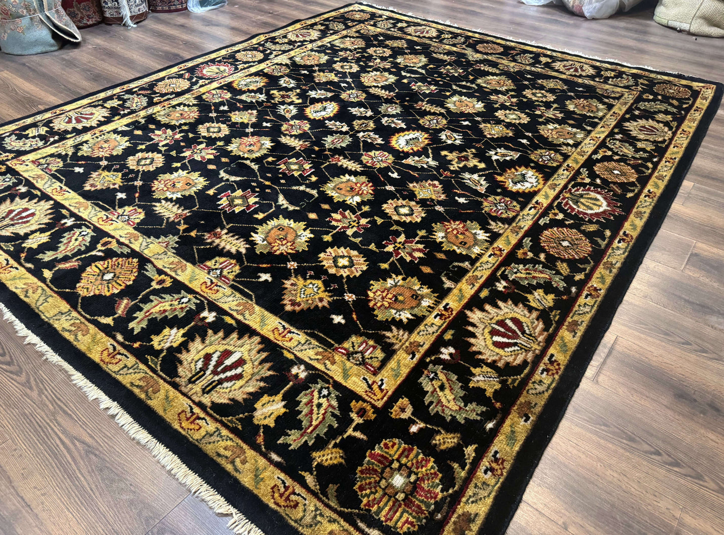 Indo Persian Mahal Rug 8x10 Hand Knotted Wool Oriental Carpet Black and Gold