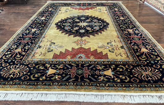 Indo Persian Heriz Rug 8x12 Hand Knotted Wool Decorative Vintage Area Rug Camel Hair Tan And Navy Blue