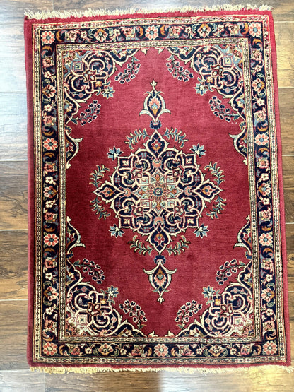 Persian Kashan Rug 2x3 Small Handmade Vintage Wool Semi Antique Carpet Red Navy