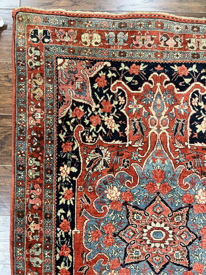 Persian Bidjar Rug 4x5 Hand Knotted Wool Carpet Red And Blue Antique