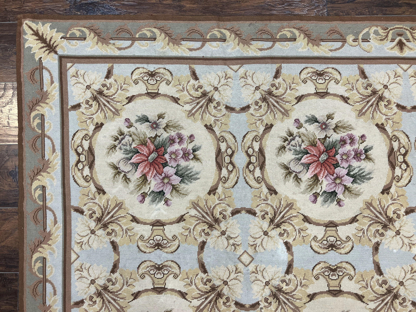 Needlepoint Wool Rug 8x11 Vintage Sky Blue Handmade Carpet