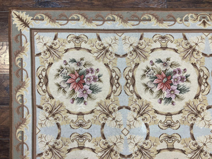 Needlepoint Wool Rug 8x11 Vintage Sky Blue Handmade Carpet