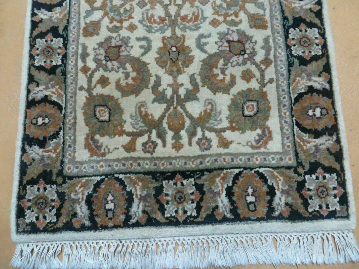 Handmade Indian Wool Rug 25x38 Floral Pattern Vintage 1980s Carpet
