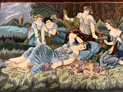 Persian Tabriz Pictorial Rug 5x3, Women Laying By River, Super Fine 60 Raj 480+ KPSI, Hand Knotted Wool Rug, Semi Antique Vintage Oriental Carpet