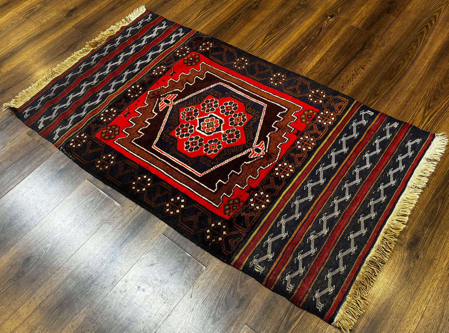 Handmade Afghan Rug 3x5 Tribal Geometric Navy Blue Wool Rustic Living Room Accent