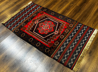 Handmade Afghan Rug 3x5 Tribal Geometric Navy Blue Wool Rustic Living Room Accent