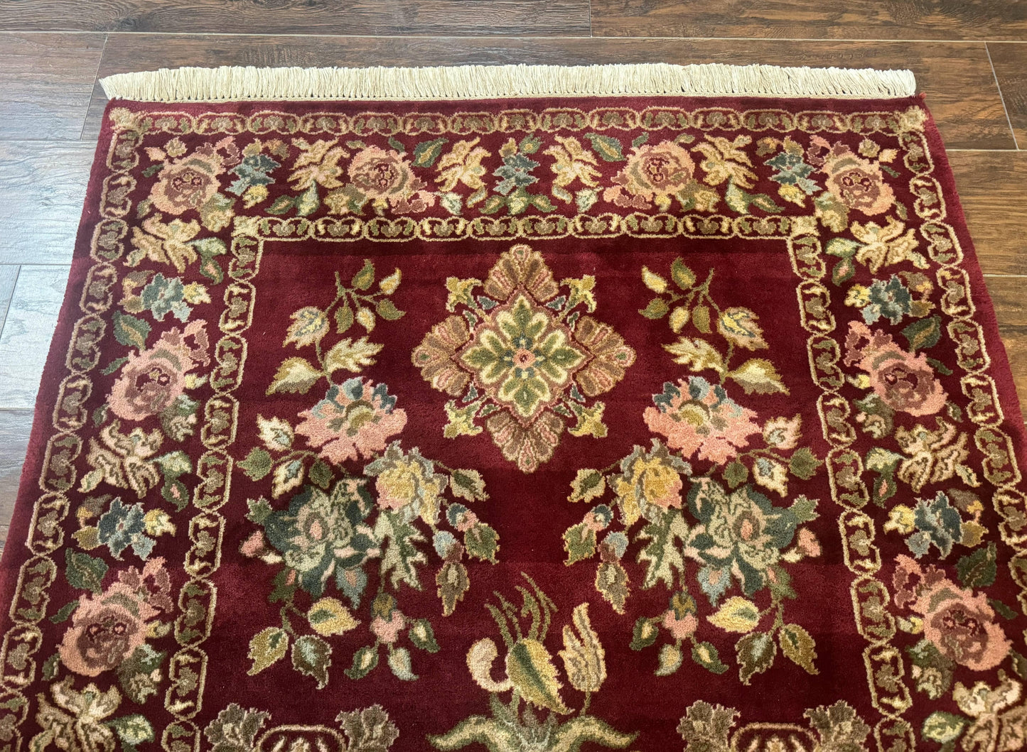 Indo Persian Kerman Rug 4x6 Vintage Hand Knotted Wool Floral Burgundy Elegant Home Decor