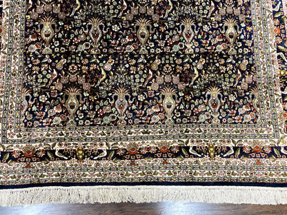 Kashmiri Silk Rug 5x7 Navy Blue Indo Persian Hand Knotted Birds Pattern Silk Carpet