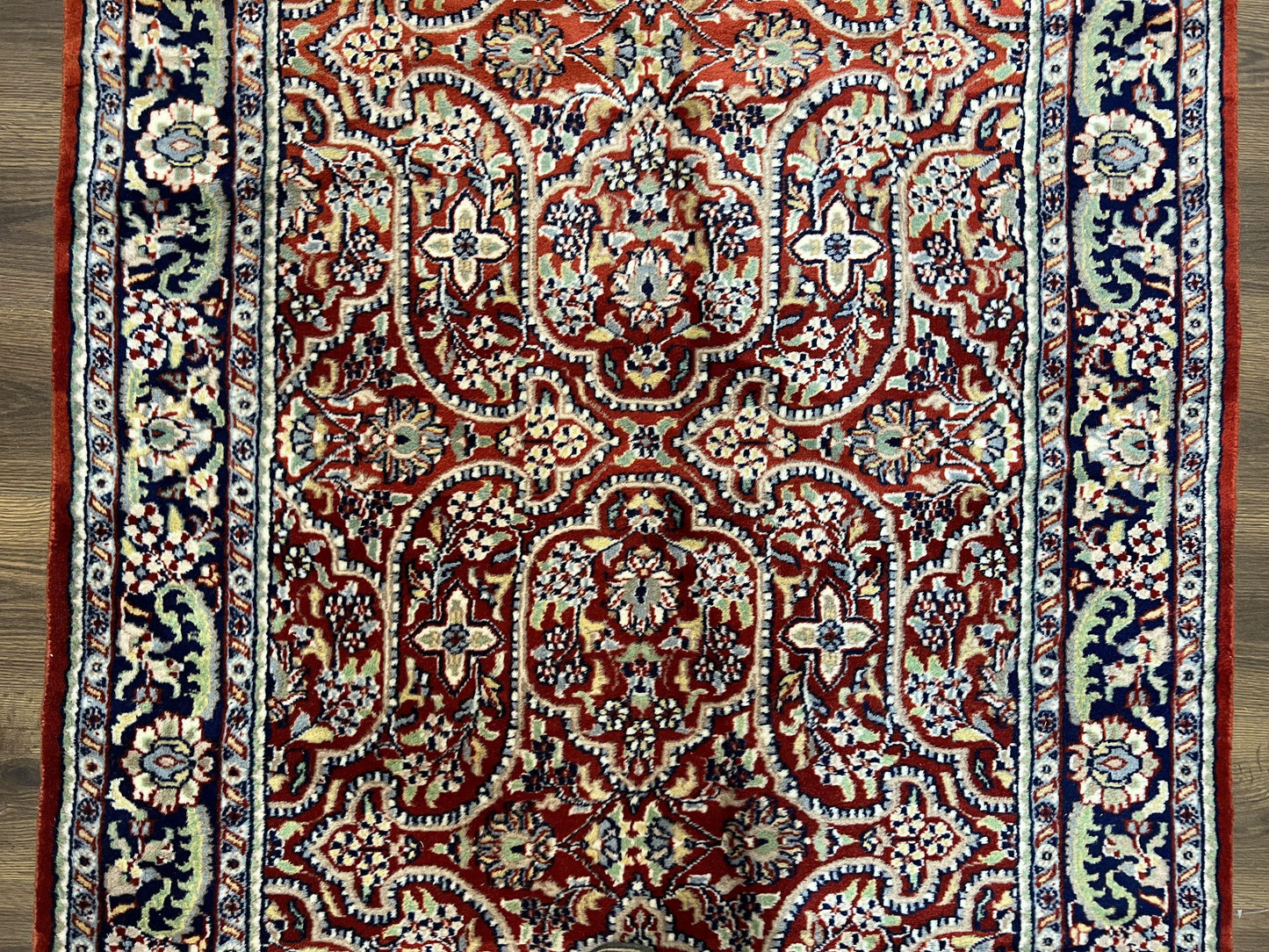 Indo Persian Rug 4x7, Allover Floral Oriental Carpet, Red and Navy Blue, Hand Knotted Indian Kashmiri Traditional Vintage Area Rug 4 x 7 ft