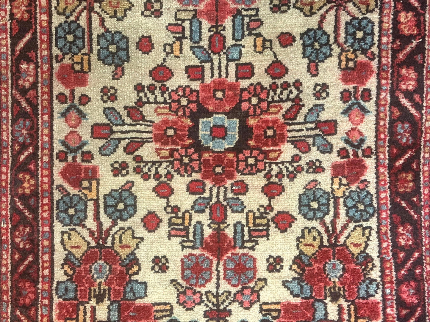 Small Antique Persian Rug 2x3, Beige and Red, Floral, Wool, Hamadan Rug