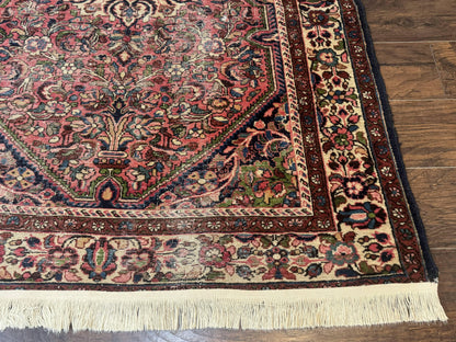 Antique Persian Malayer Rug 4 Ft 7 In By 6 Ft 6 In Hand Knotted Wool Carpet 1920s Tribal Red With Navy Accents