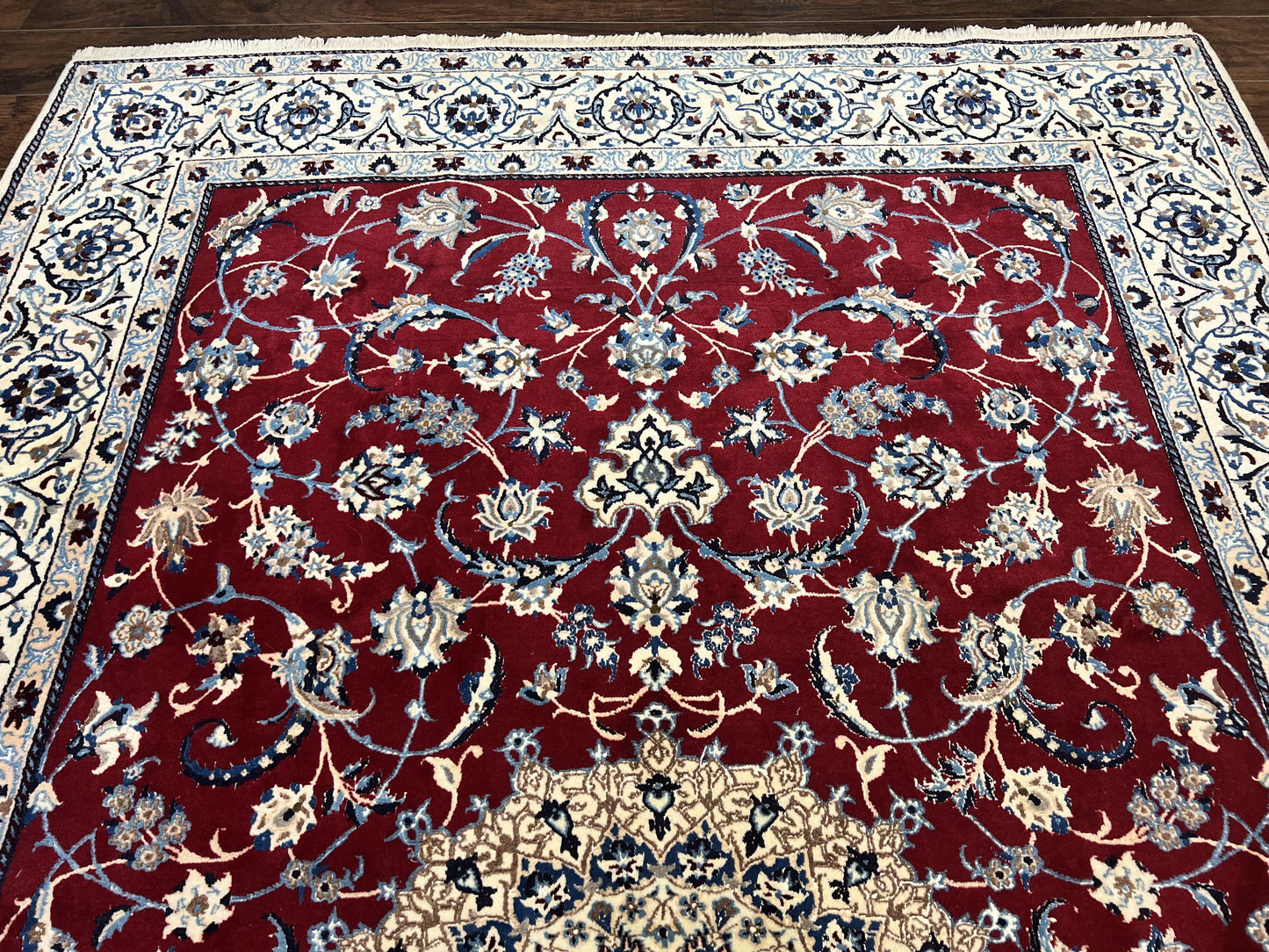 Persian Nain Rug 6x10, Wool and Silk Highlights, Red and Ivory, Floral Medallion, Vintage Handmade Hand Knotted, Fine 225 KPSI, Traditional Rug