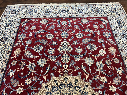 Persian Nain Rug 6x10, Wool and Silk Highlights, Red and Ivory, Floral Medallion, Vintage Handmade Hand Knotted, Fine 225 KPSI, Traditional Rug