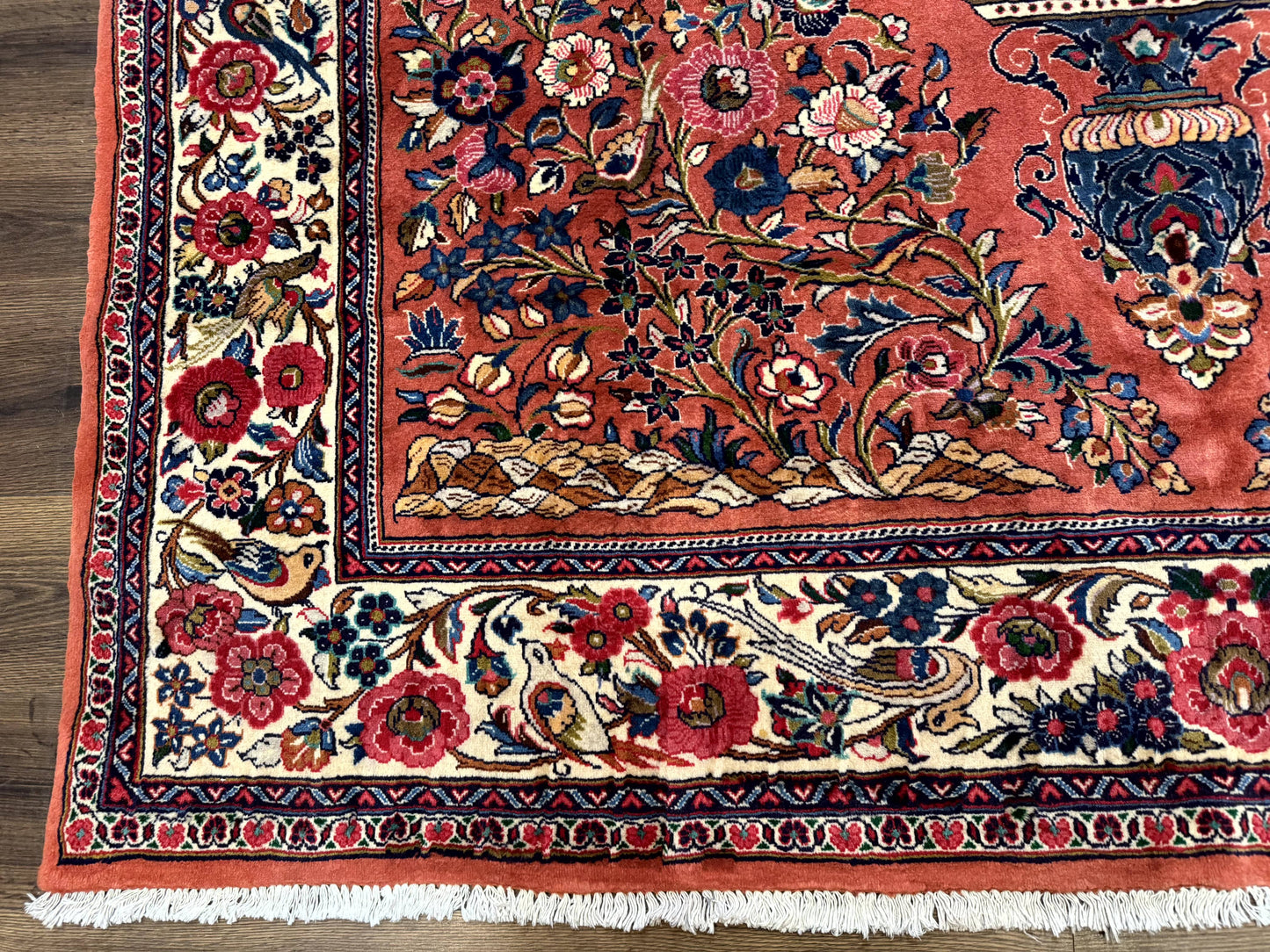 Persian Sarouk Rug 7x10 Red Ivory Floral Bouquets With Birds
