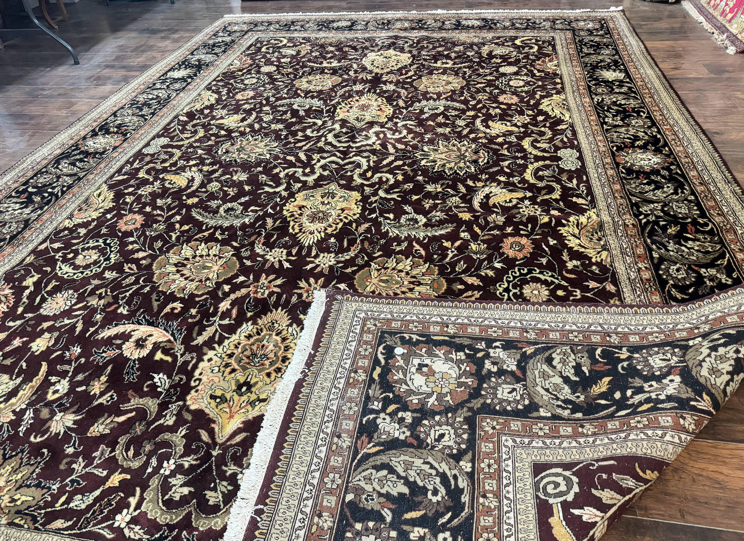 Indo Persian Rug 10x14 Handmade Wool Floral Allover Vintage Dark Maroon Plum Black