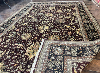 Indo Persian Rug 10x14 Handmade Wool Floral Allover Vintage Dark Maroon Plum Black