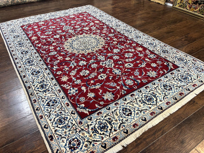 Persian Nain Rug 6x10, Wool and Silk Highlights, Red and Ivory, Floral Medallion, Vintage Handmade Hand Knotted, Fine 225 KPSI, Traditional Rug