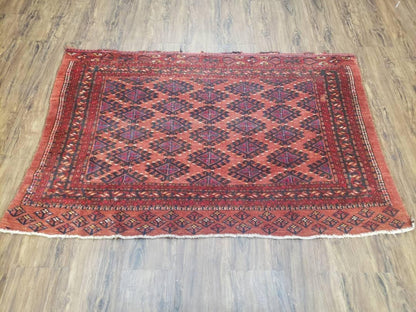 Antique Turkoman Rug Hand Knotted Wool 3ft 4in By 5ft Red Tribal Carpet
